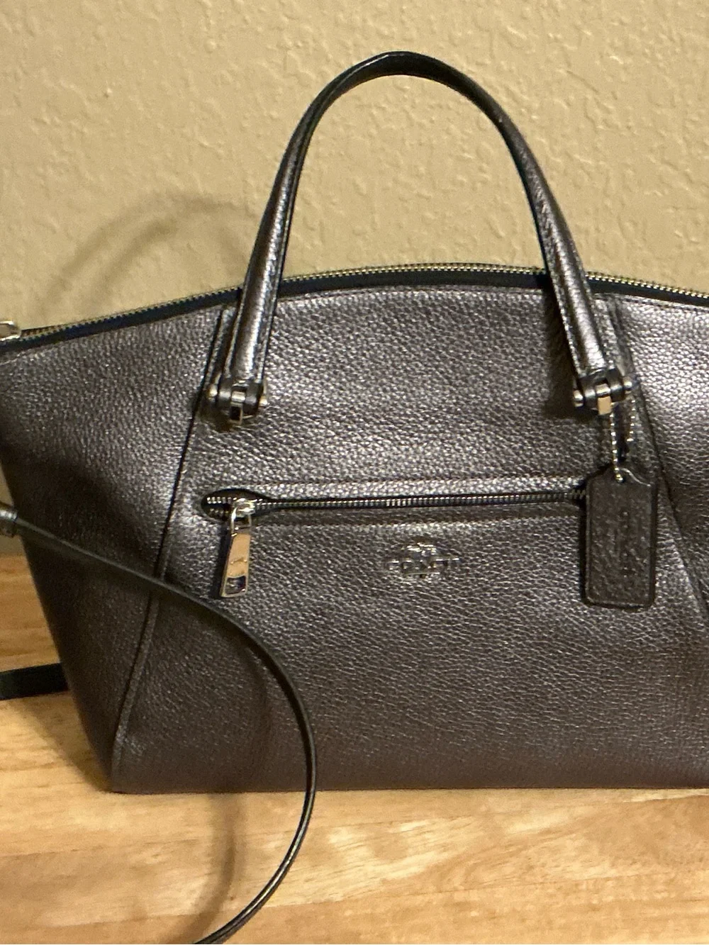 Coach Prairie Satchel Metallic Platinum Pebble Leather Crossbody Handbag